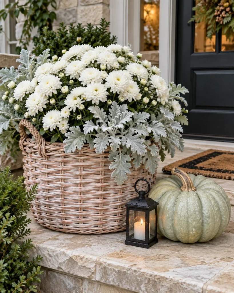 Pastel Woven Basket Planter with Ghost Mums