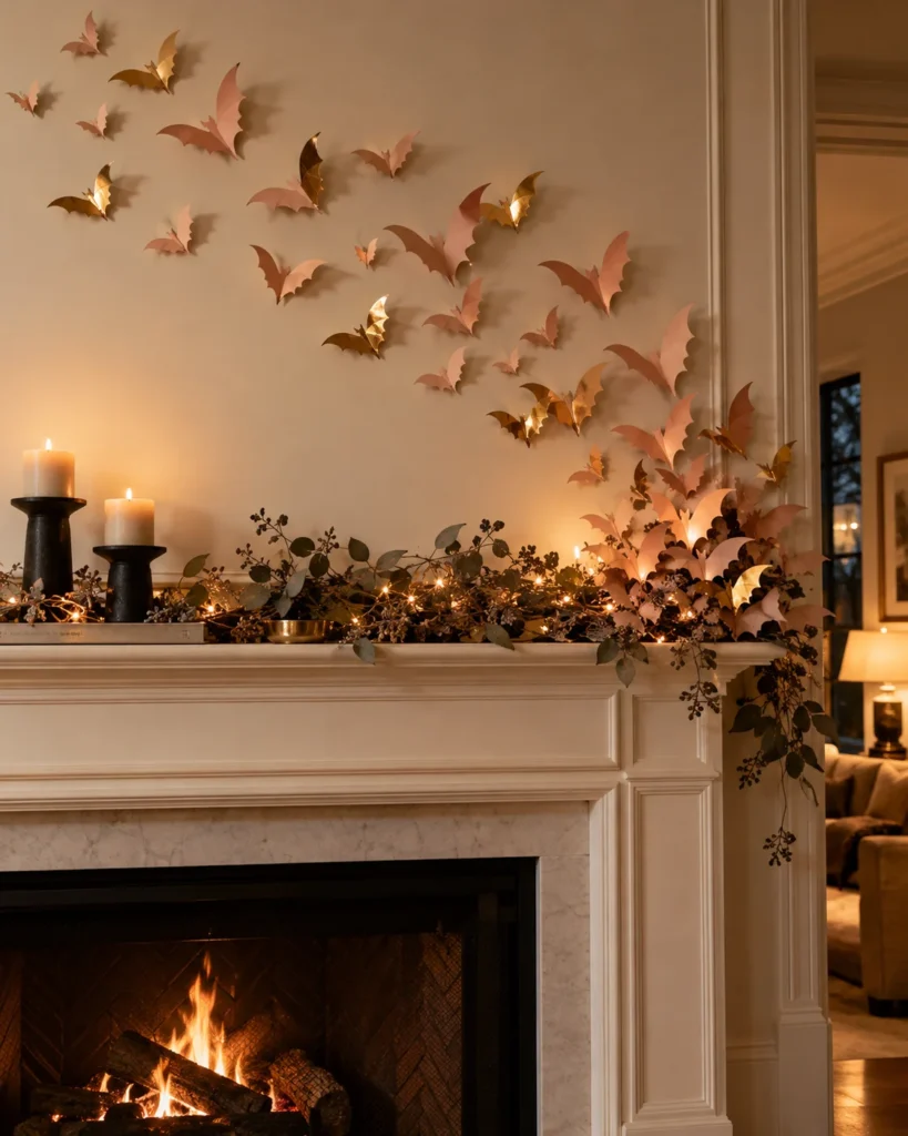 Peachy Pink & Gold Foil Bat Swarm on Mantel