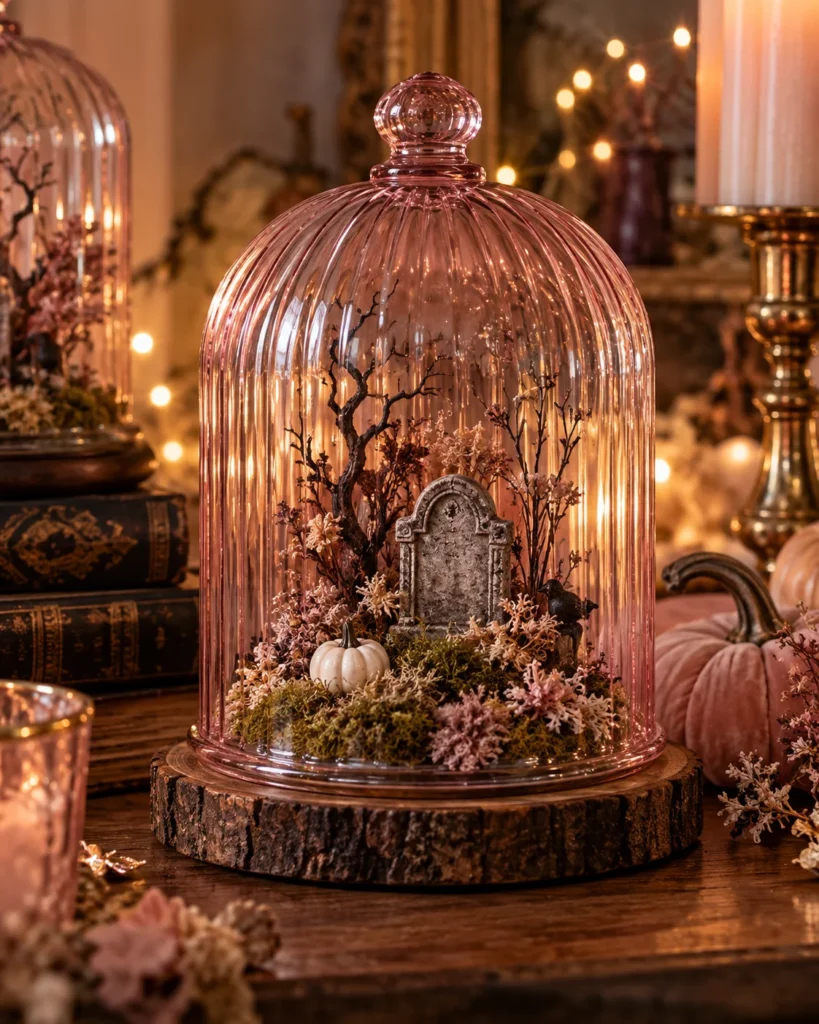 Pink Ribbed Glass Cloches with Mini Spooky Diorama