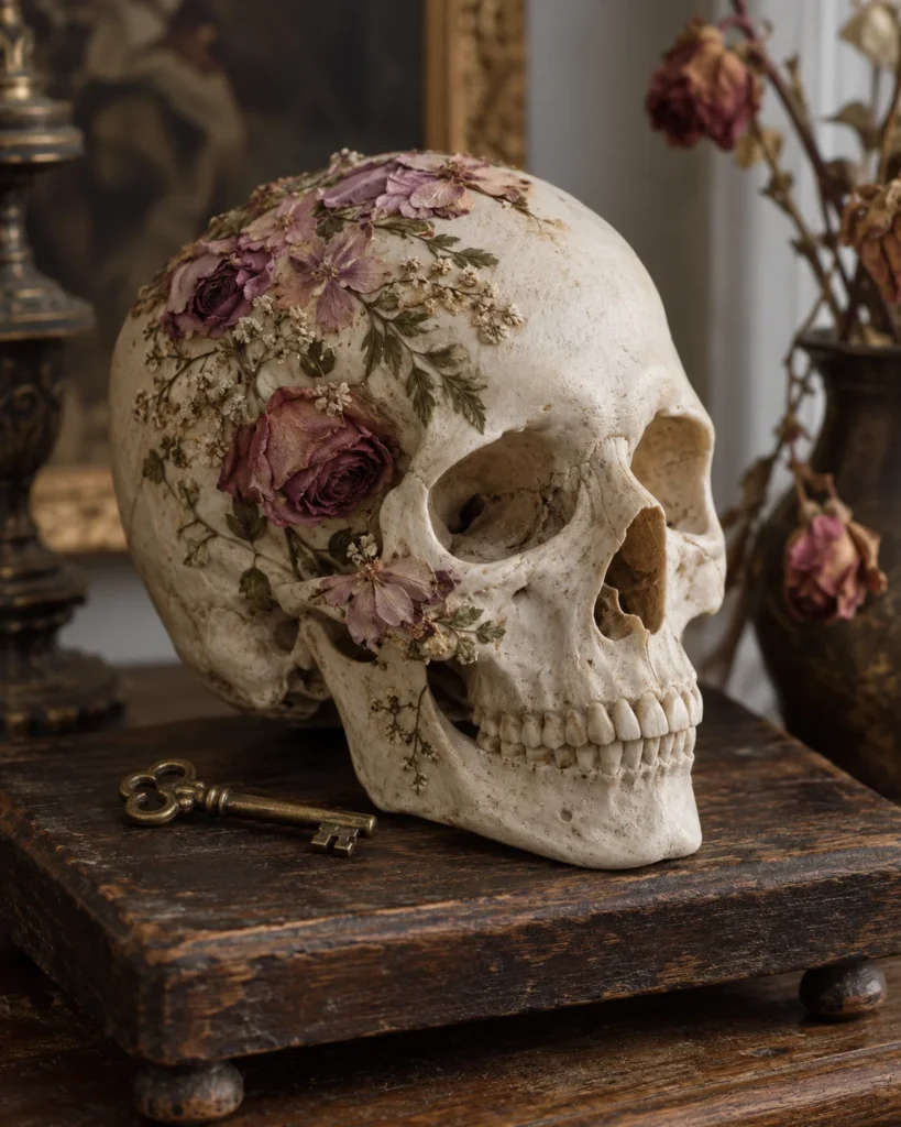 Pressed Pink Florals Decoupaged on Skulls