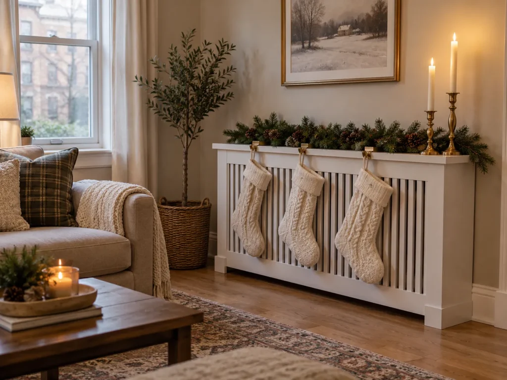Radiator Cover Faux Hearth With Cable-Knit Stockings