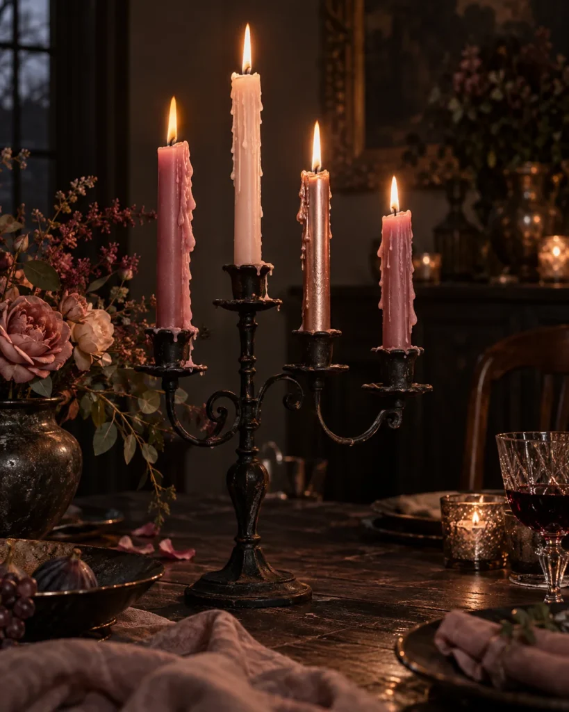 Rose Gold & Pink Tapers in Matte Black Candelabras