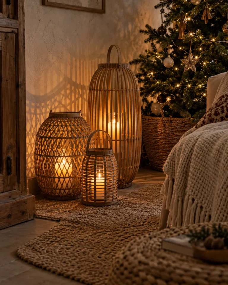 Slatted Bamboo and Open-Weave Rattan Floor Lanterns