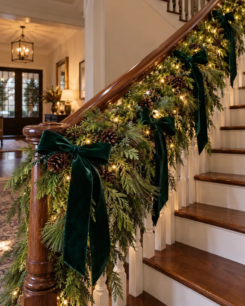 Slit Banister Sleeve Wrapped in Pine and Velvet Bows