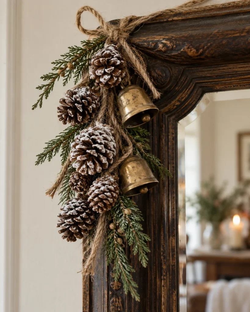 Snow-Dusted Pinecone and Brass Bell Swag