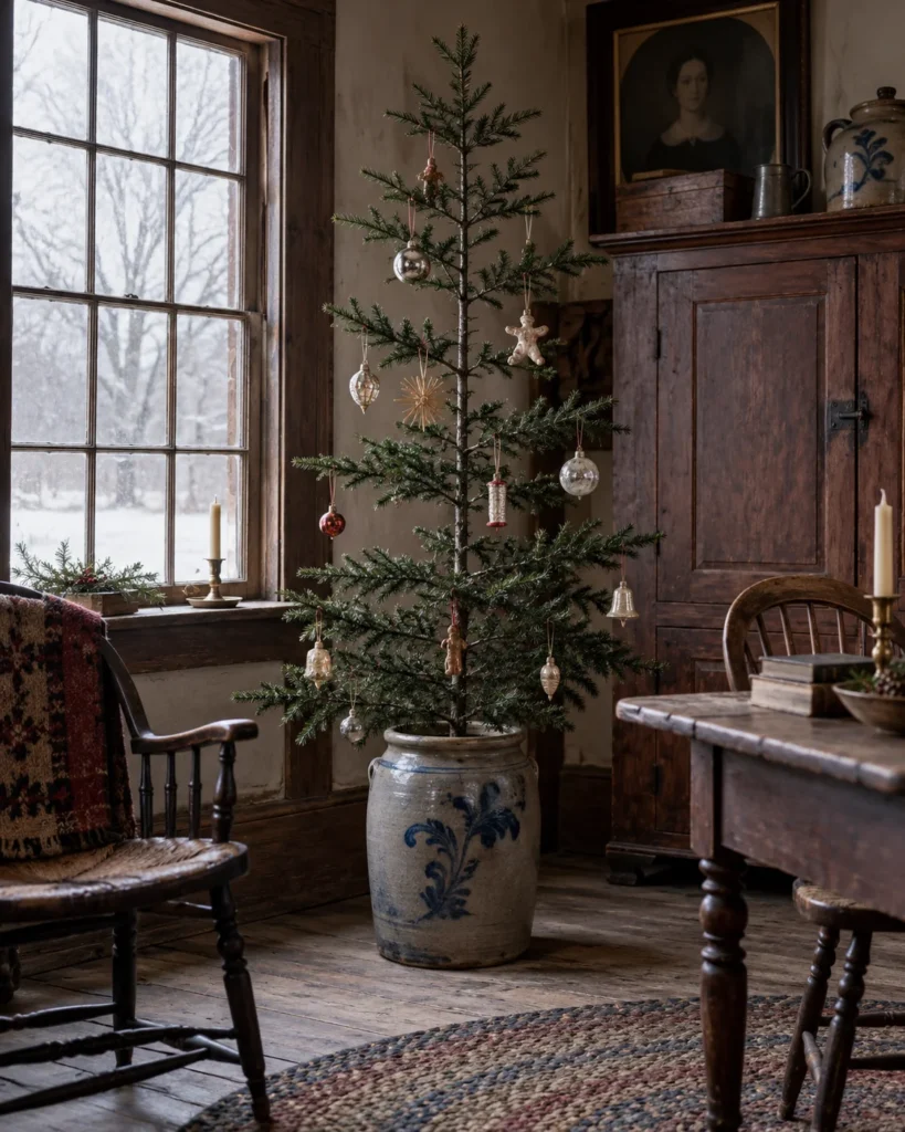 Sparse Feather Tree in an Antique Cobalt Salt-Glazed Crock