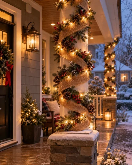 Spiral Porch Column Wraps With String Lights and Burlap