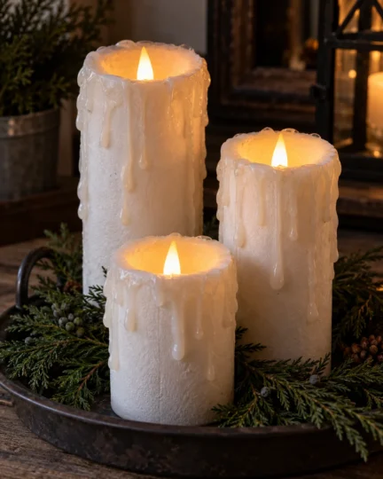 Staggered Pillar Candle Trio With Faux Wax Drips