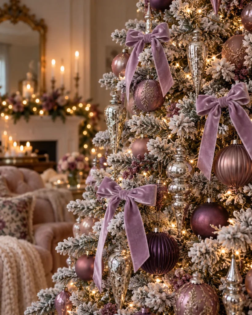 Sugar Plum Mauve With Lilac Velvet Bows and Mercury Glass Spindles