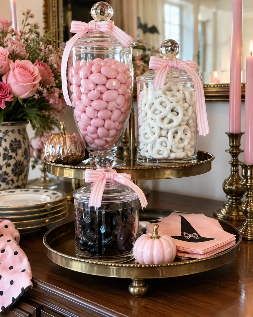 Tiered Candy Display with Striped Apothecary Jars