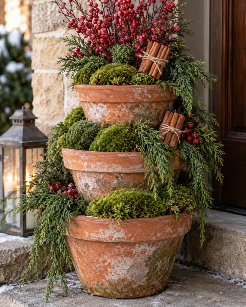 Tiered Terracotta Pots With Pillow Moss and Cranberry Stems