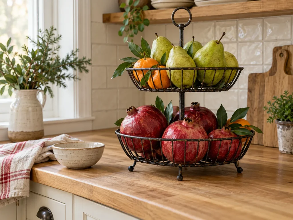 Tiered Wire Fruit Stand With Pomegranates and Green Pears