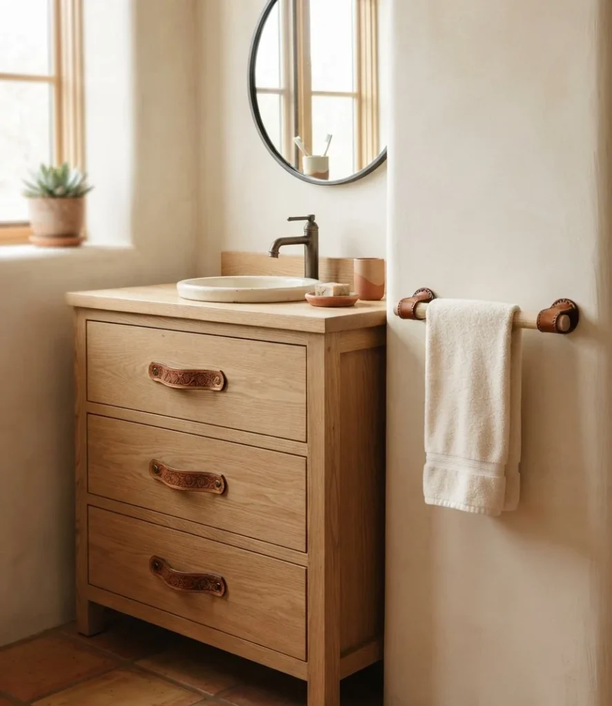 Tooled Leather Drawer Pulls and a Leather-Bound Towel Rung
