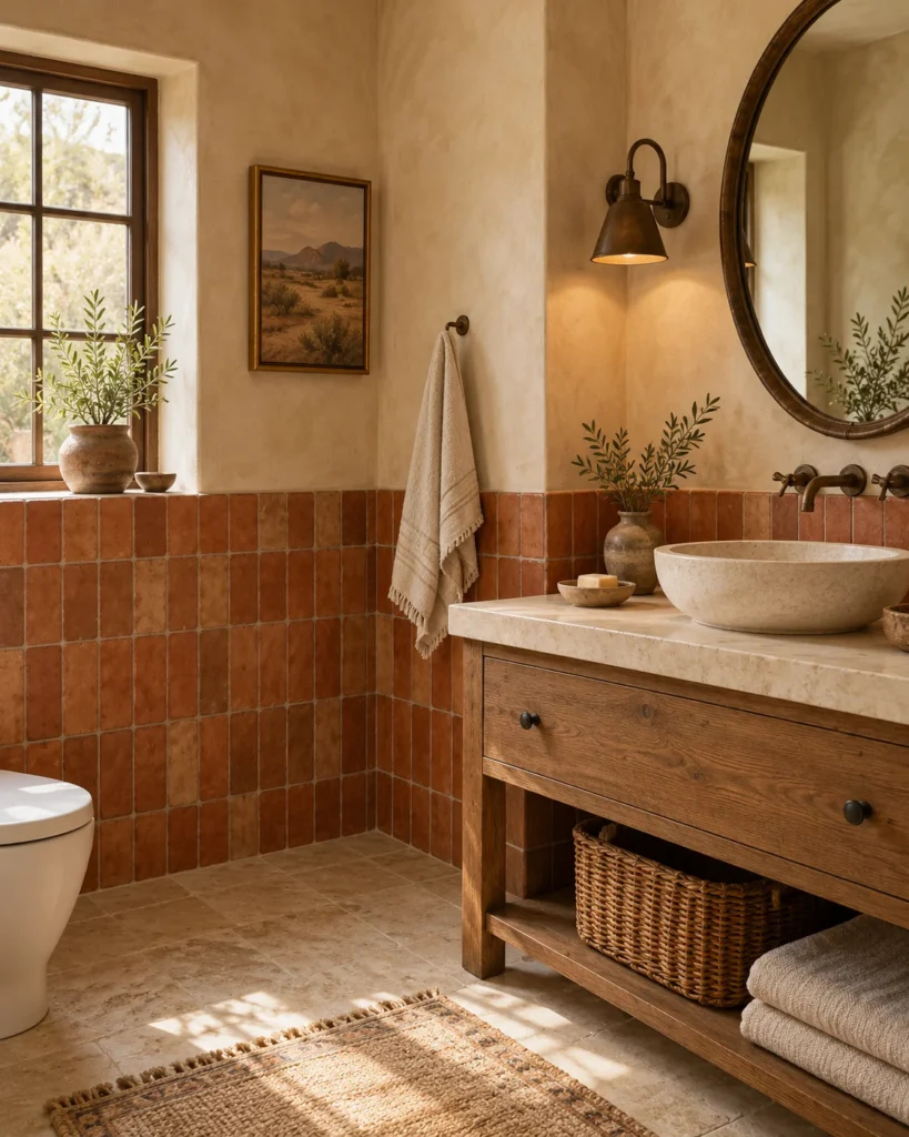 Two-Tone Terracotta Wainscoting With Warm Limewash Walls