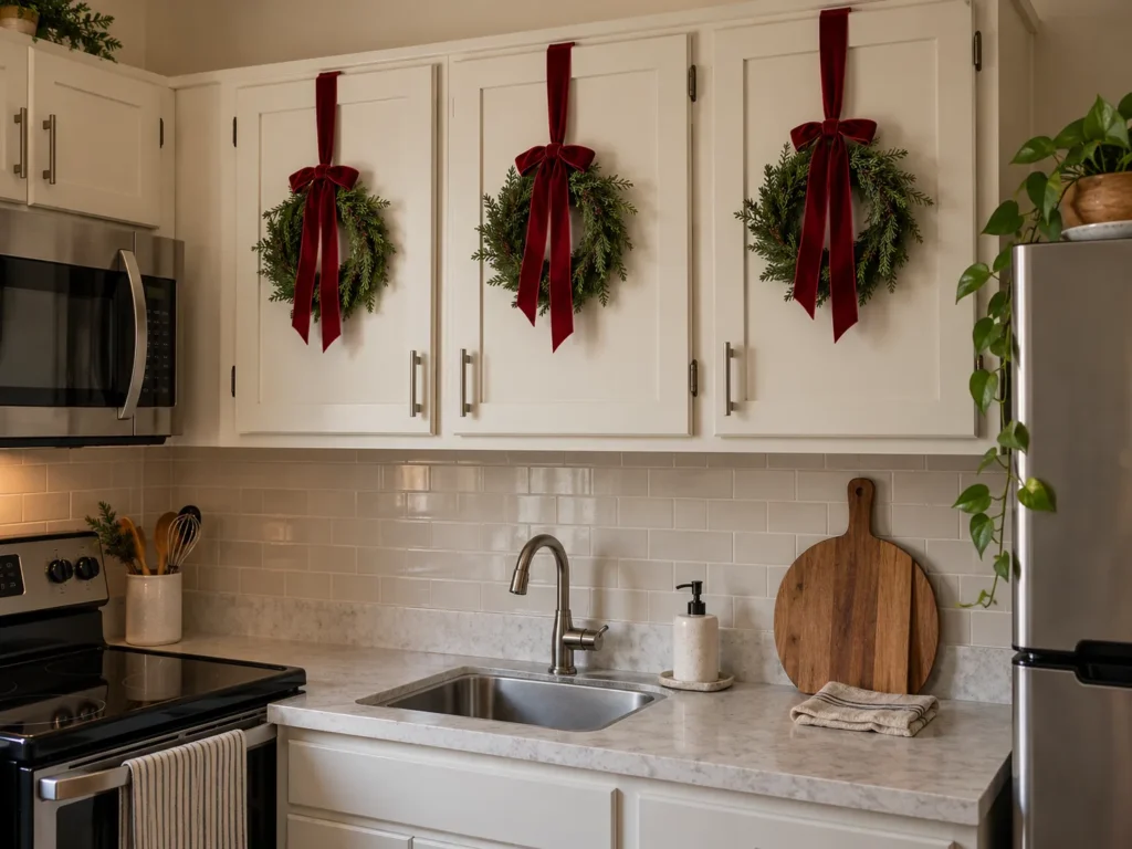 Upper Kitchen Cabinet Velvet Swags With Mini Cedar Wreaths