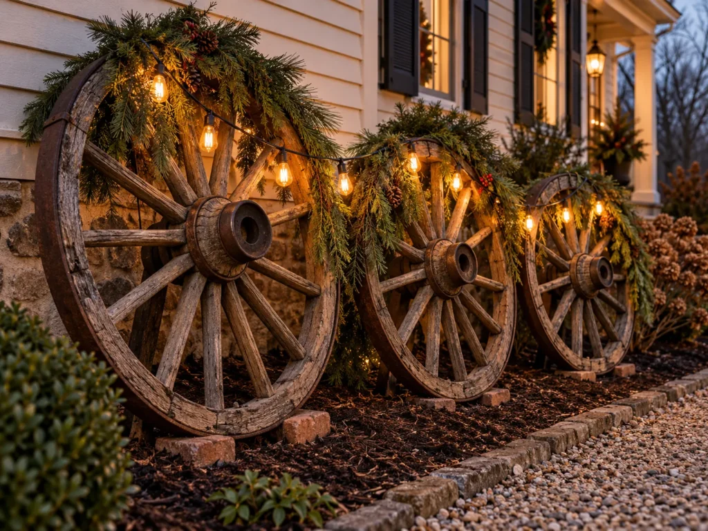 Vintage Wagon Wheel Border With Pine Boughs and Edison Bulbs