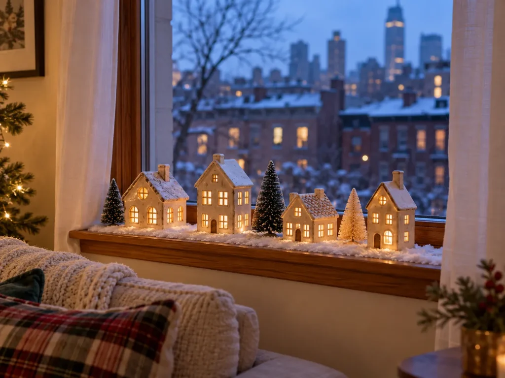 Window Sill Micro-Village With Ceramic Cottages and Tea Lights