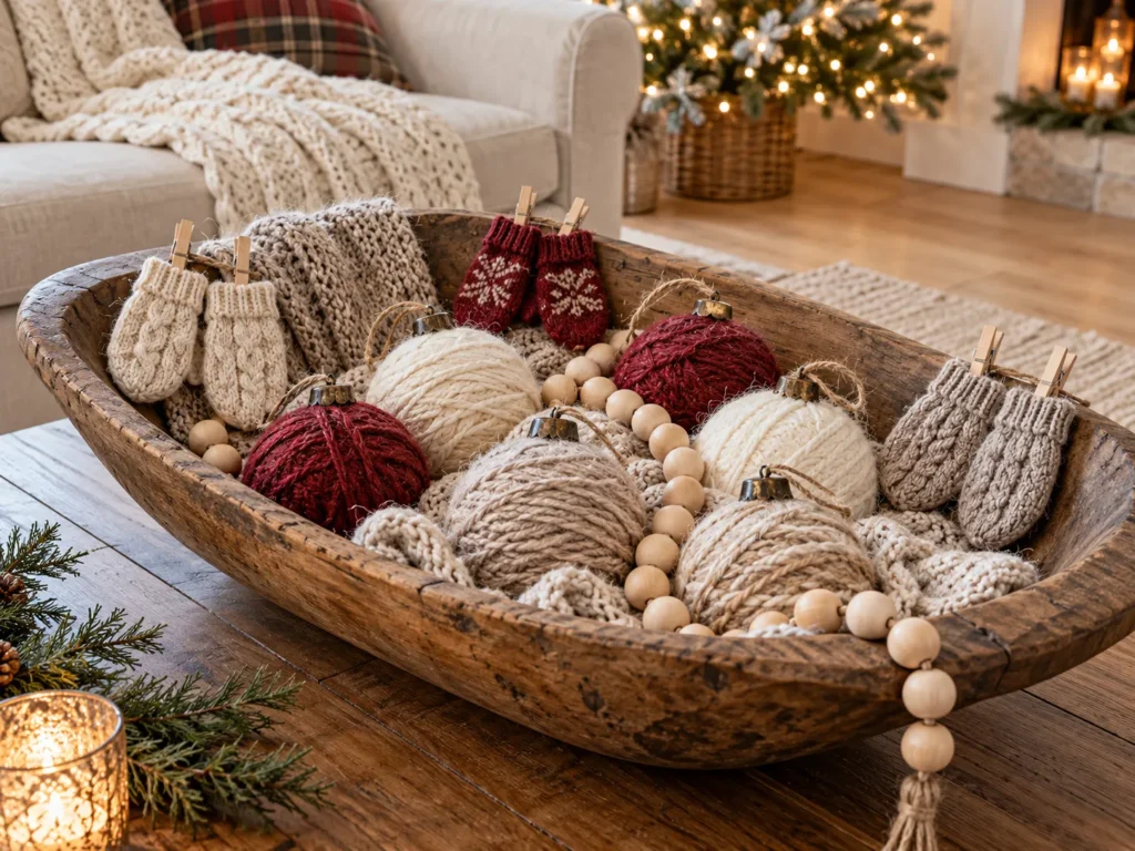 Yarn Ball Baubles, Mini Knit Mittens and Wood Bead Garland